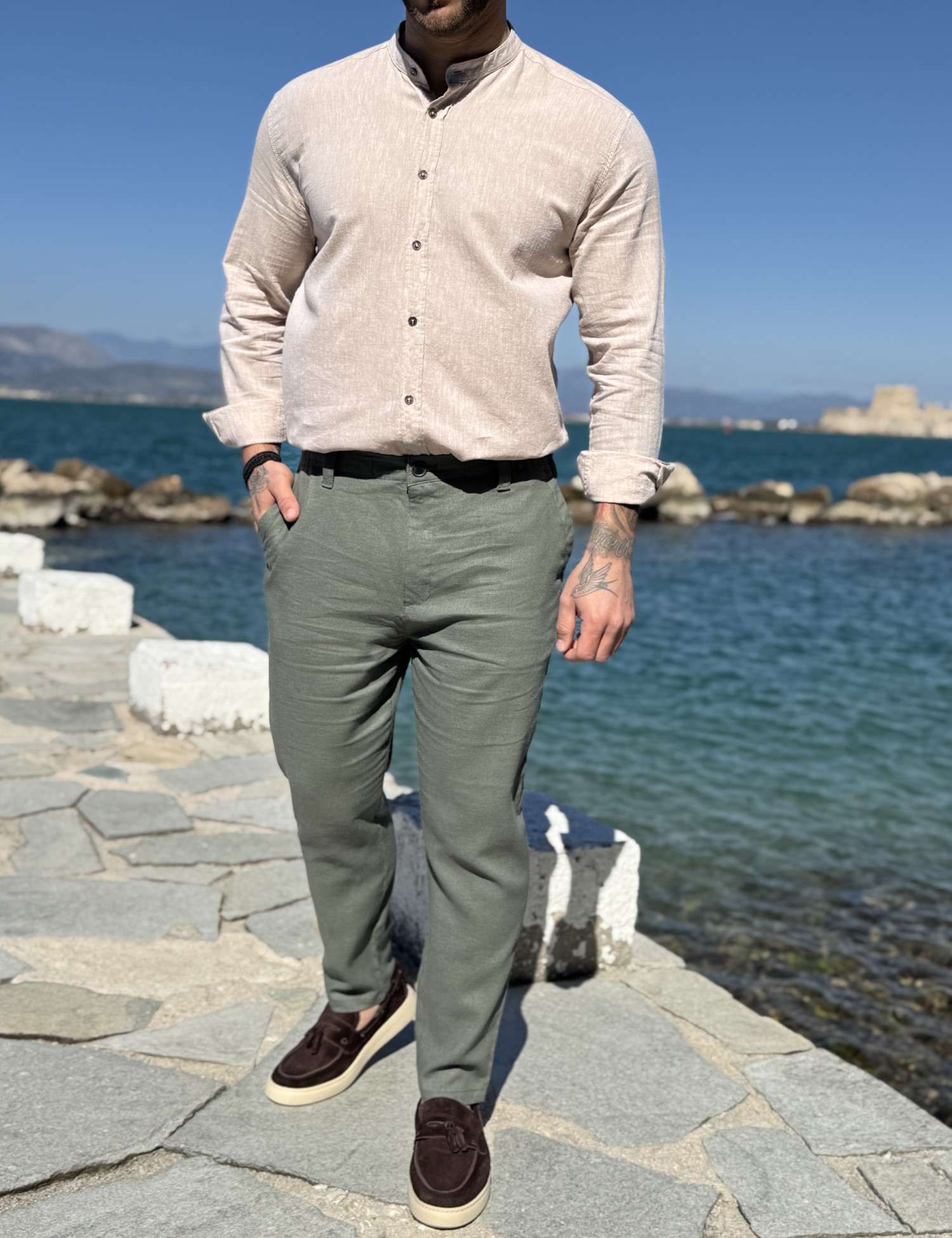 Ανδρικό λαδί λινό υφασμάτινο παντελόνι με λάστιχο στην μέση JR0022 φωτογραφία